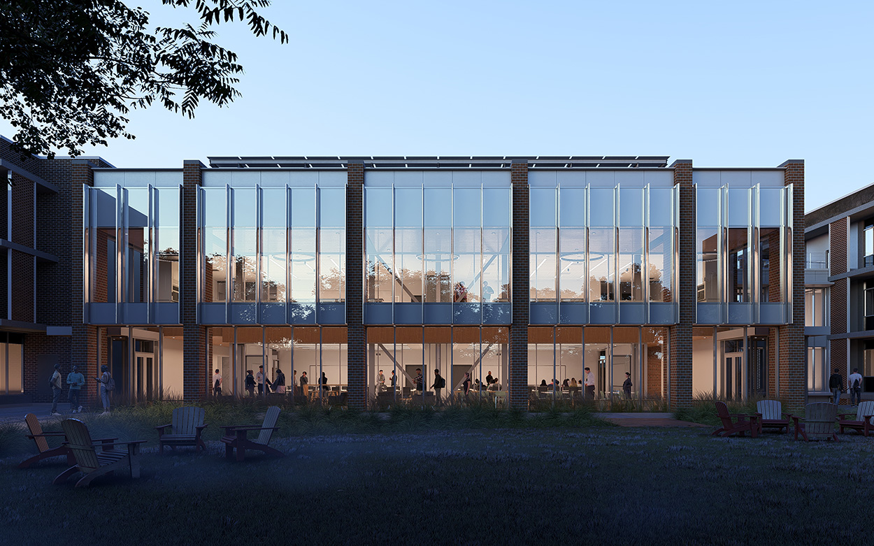 Rendering of the exterior design of the new Science Center building in a nighttime setting