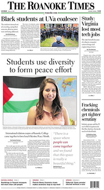 Front page of The Roanoke Times, headline reading, "students use diversity to form peace effort"