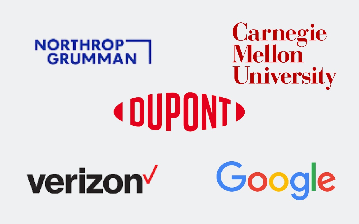 Logos for Carnegie Mellon University, Google, DuPont, Verizon, and Northrop Grumman