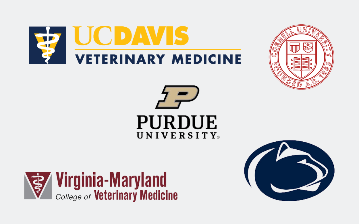Logos for PennState Agricultural Sciences, Virginia Maryland Vet. Medicine, Purdue University, UC Davis Vet. Medicine, and Cornell University
