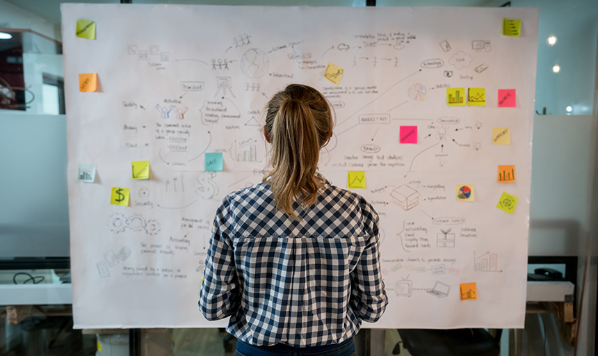 A woman stands in front of a board mapping out an intricate business plan (stock image)