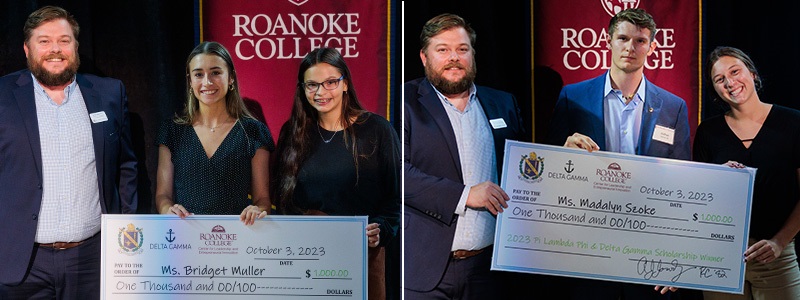 Side-by-side photos of two scholarship winners being presented with oversize ceremonial checks