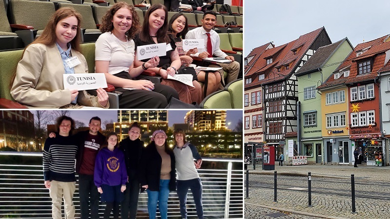 Collage of three photos: Students holding up Tunisia signs at a conference. Students smiling on a footbridge overlooking a lighted cityscape. Photo of quaint shop buildings in Germany..
