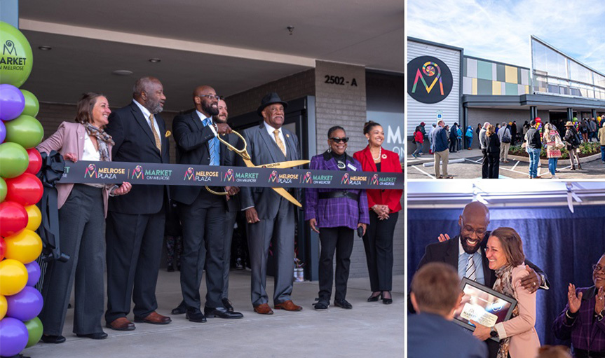 A collage of three photos: Project leaders, including Professor Ackley, line up to cut the ribbon on the new plaza. Shoppers and supporters gather in the parking lot outside the new grocery store. Goodwill President Richmond Vincent presents Professor Ackley with a ceremonial key to the market.