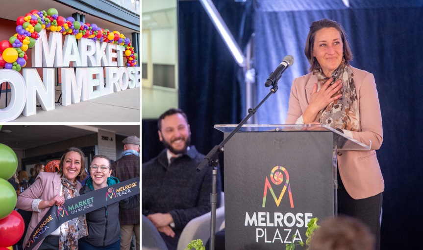 A collage of three photos: Professor Ackley smiles as he addresses the audience at the ribbon cutting event. A large sign framed by balloons reads: Market on Melrose. Professor Ackley and Emma Duff smile for a photo at the ribbon cutting event.