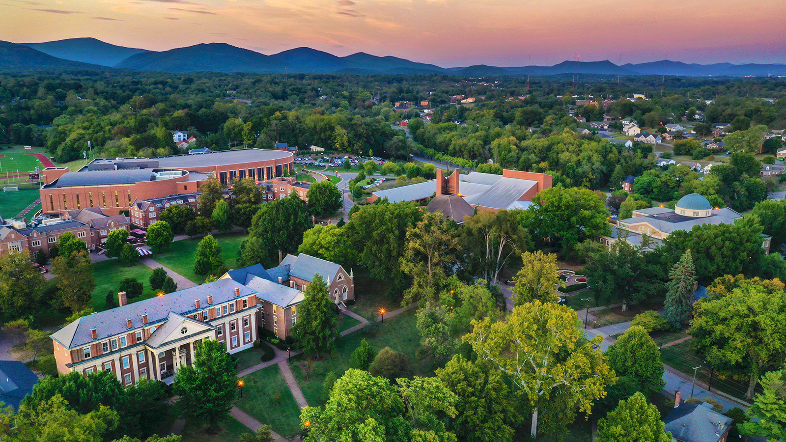 drone image of campus at sunrise