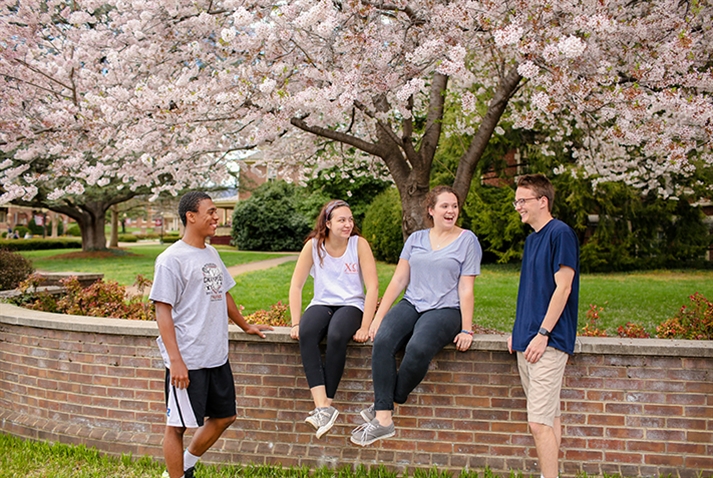 Students outside on campus in springtime