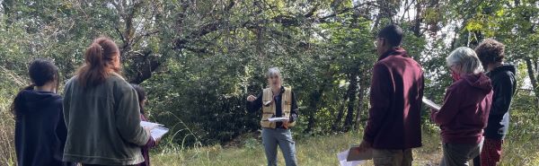 high school students in woods