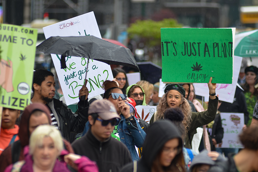 Cannabis Social Justice - Protest March with people holding posters, one reading "It's just a plant. Enjoy."