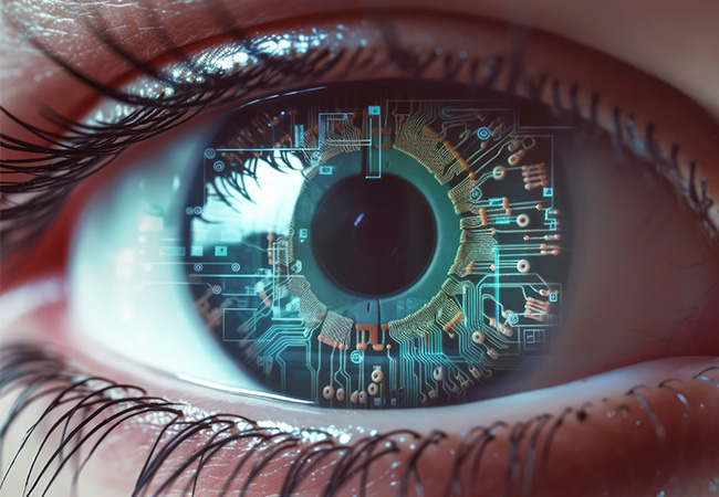 stock image of an eye with computer imagery laid over the pupil