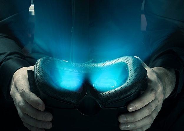 stock photo of virtual reality goggles emitting a bright light
