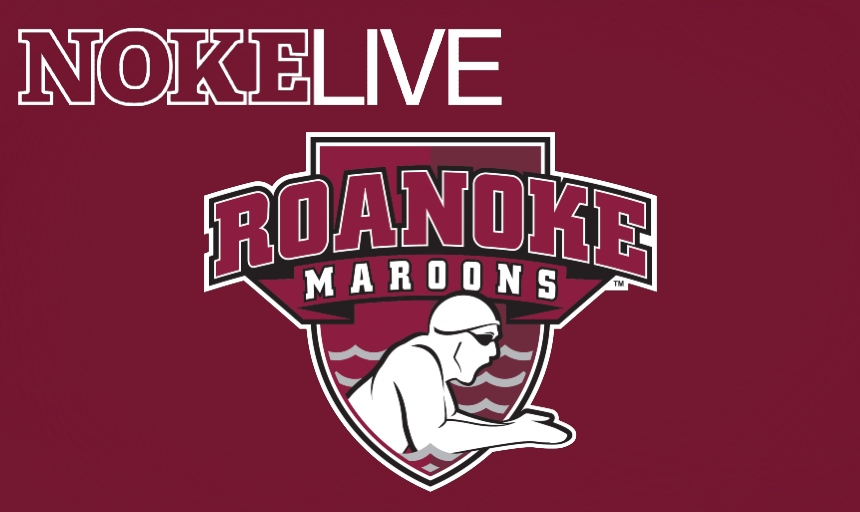 Text reading "NOKELive" and the Roanoke College Swim Team Logo 