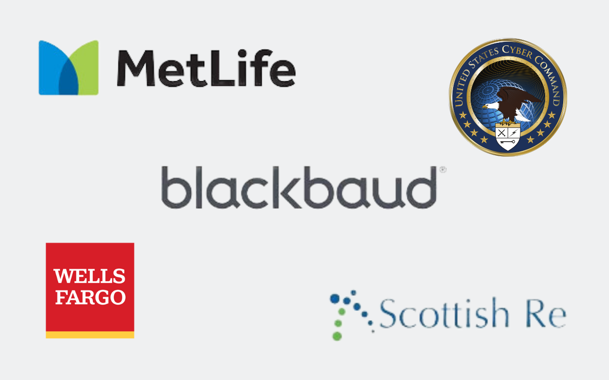 Logos of MetLife, Scottish Re, blackbaud, U.S. Cyber Command and Wells Fargo