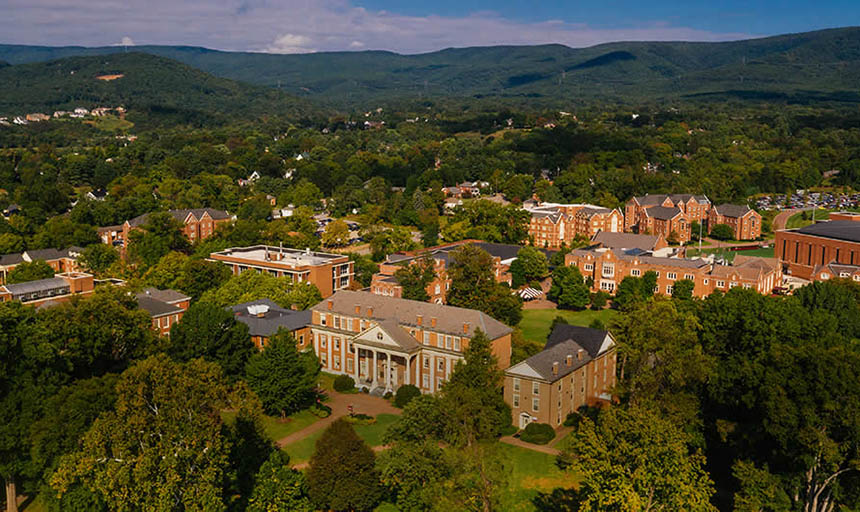 An photo from a drone of the Roanoke College campus