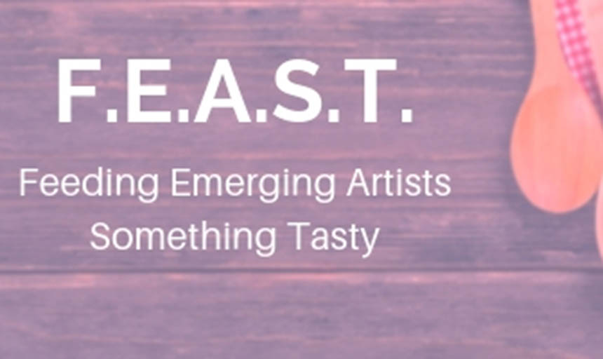 A purple wooden background with the words "F.E.A.S.T. Feeding Emerging Artists Something Tasty"