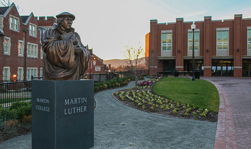 The bust of Martin Luther outside the Cregger Center