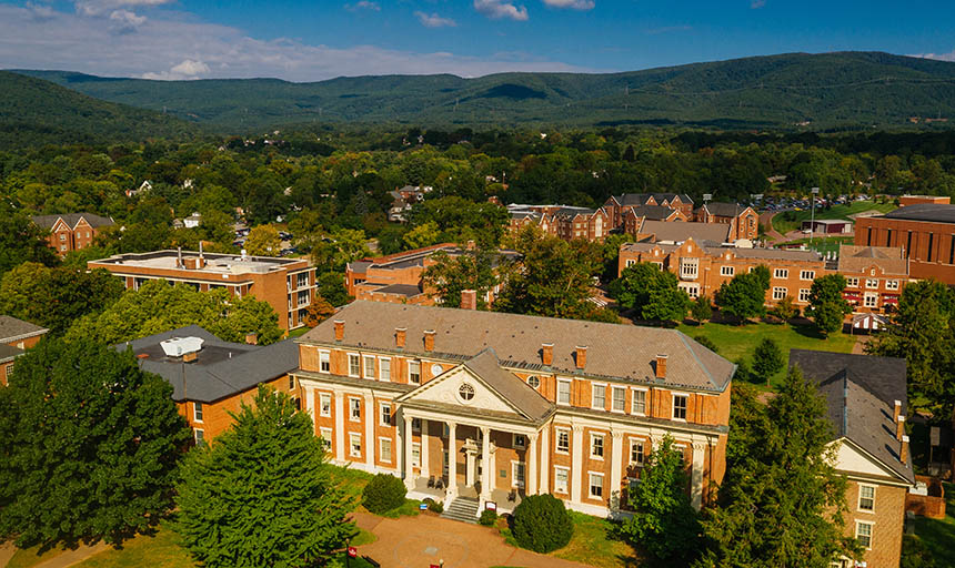 An overhead shot of campus from a diagonal angle