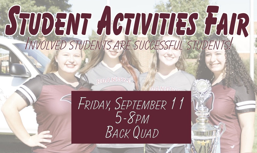 A photo of a group of students. Text reads "STUDENT ACTIVITIES FAIR." Below that, it says "Friday, September 11. 5-8 PM. Back Quad."