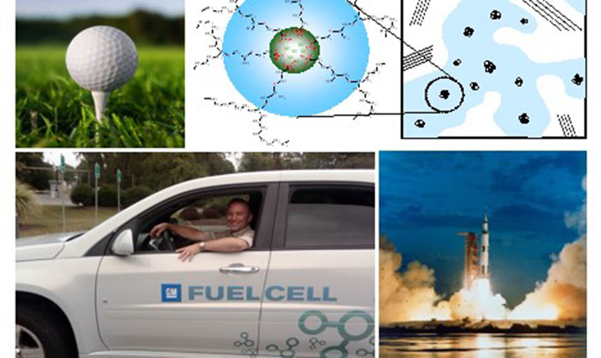 A collage of photos: a car, a rocket, molecules, and a golf ball on a tee