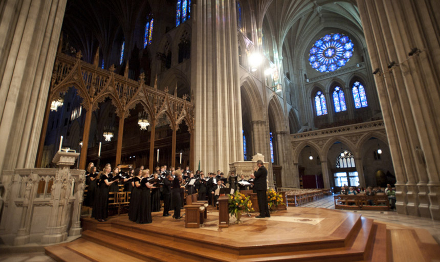 Roanoke College choir singing in a church