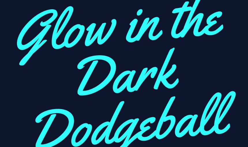 blue text that says "Glow In the Dark Dodgeball"