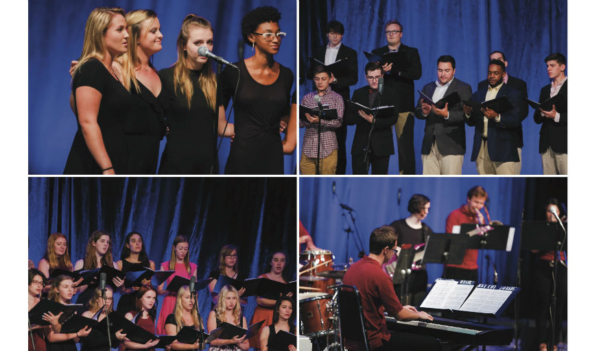 A composite of four images. The top left is four women singing. The top right is a large group of men singing. The bottom left is a large group of women singing. The bottom right is members of the jazz band performing