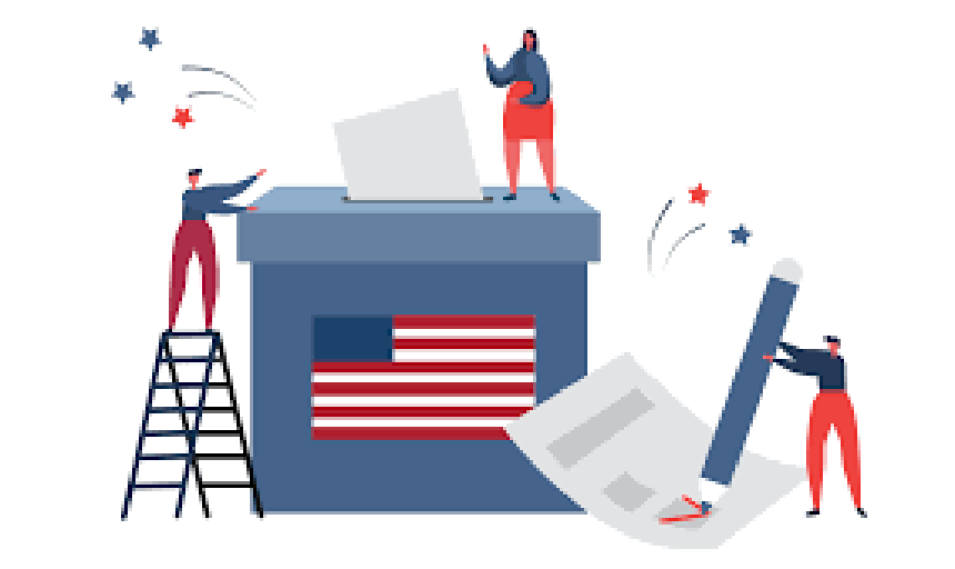 Cartoon person filling out ballots with giant pencil while two others use a ladder to climb up a ballot turn-in box and put papers in