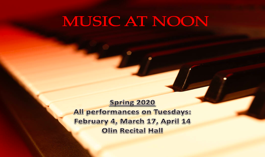 a poster listing the dates for music at noon during the spring 2020 semester