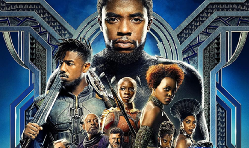 The movie poster for black panther, with several characters looking into the camera or off to the side