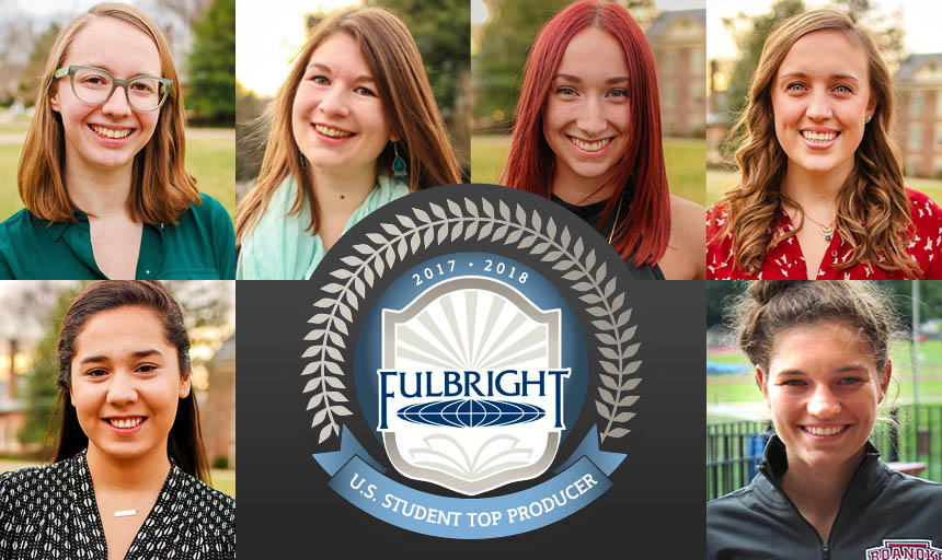 The Fulbright scholar logo surrounded by photos of previous Fulbright scholars from Roanoke College