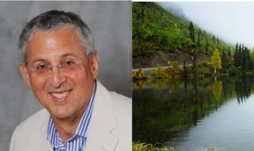 A headshot of Jeffrey Scales next to a photo of a lake with trees surrounding it