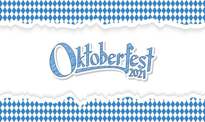 The words "Oktoberfest 2021" in a blue font. The background is blue and white checkers with a band of white across the middle where the text is