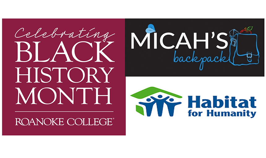 Service learning image with organization logos Micah's Backpack, Habitat for Humanity. A maroon panel on the left has white text that reads "Celebrating black history month at Roanoke College."