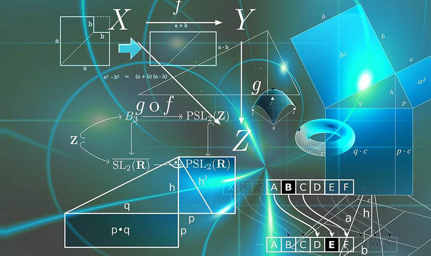 An abstract blue and green background overlaid with various mathematical equations