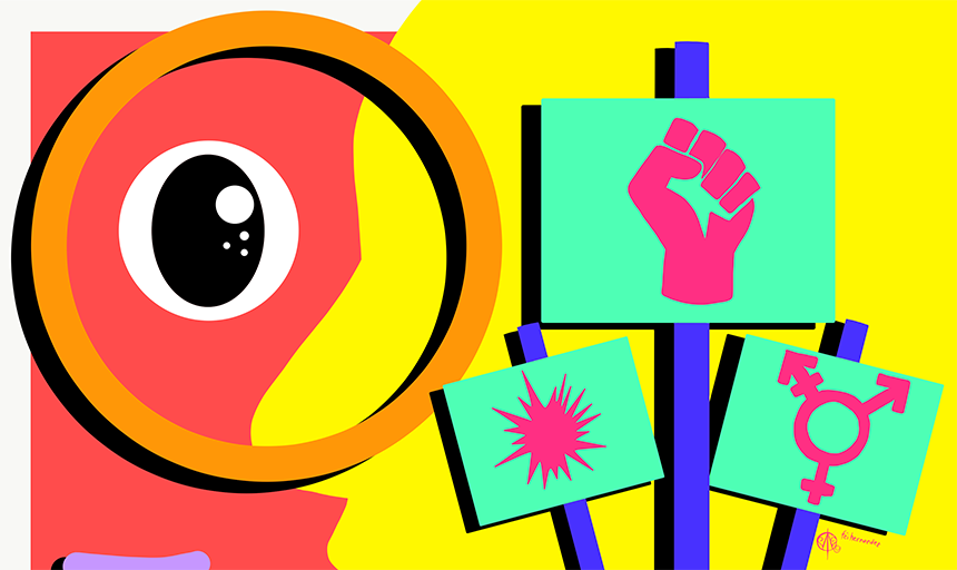 Abstract art showing an eye and posters with a raised fist, the symbol for intersectional feminism, and a circle with spikes coming out of it