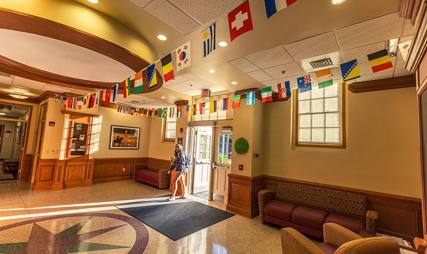 Lucas Hall decorated with flags 