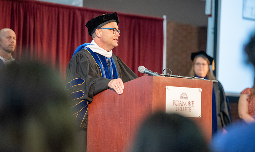 President Frank Shushok giving a speech at convocation