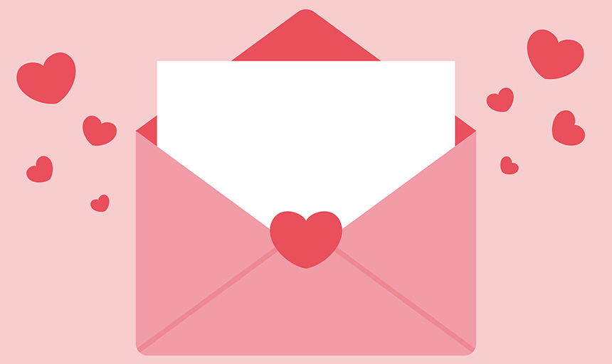 Illustration of a card envelope opening to release hearts