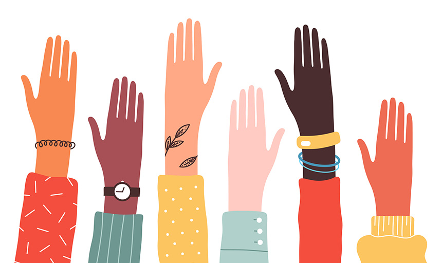 illustration of women's hands being raised in the air to volunteer