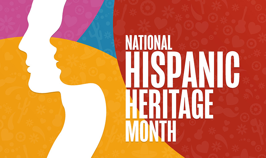 A graphic with drawings of outlines of people's faces and the words: National Hispanic Heritage Month