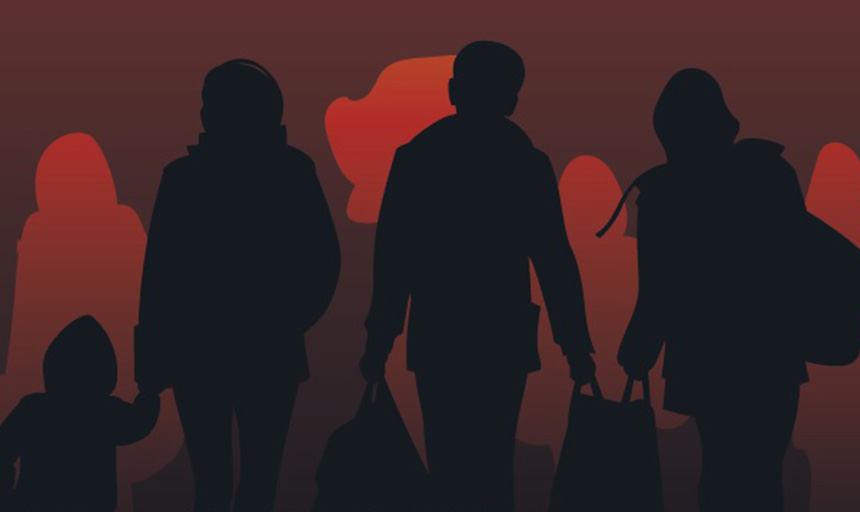 An illustration of men, women and children, shown in silhouette, walking with bags