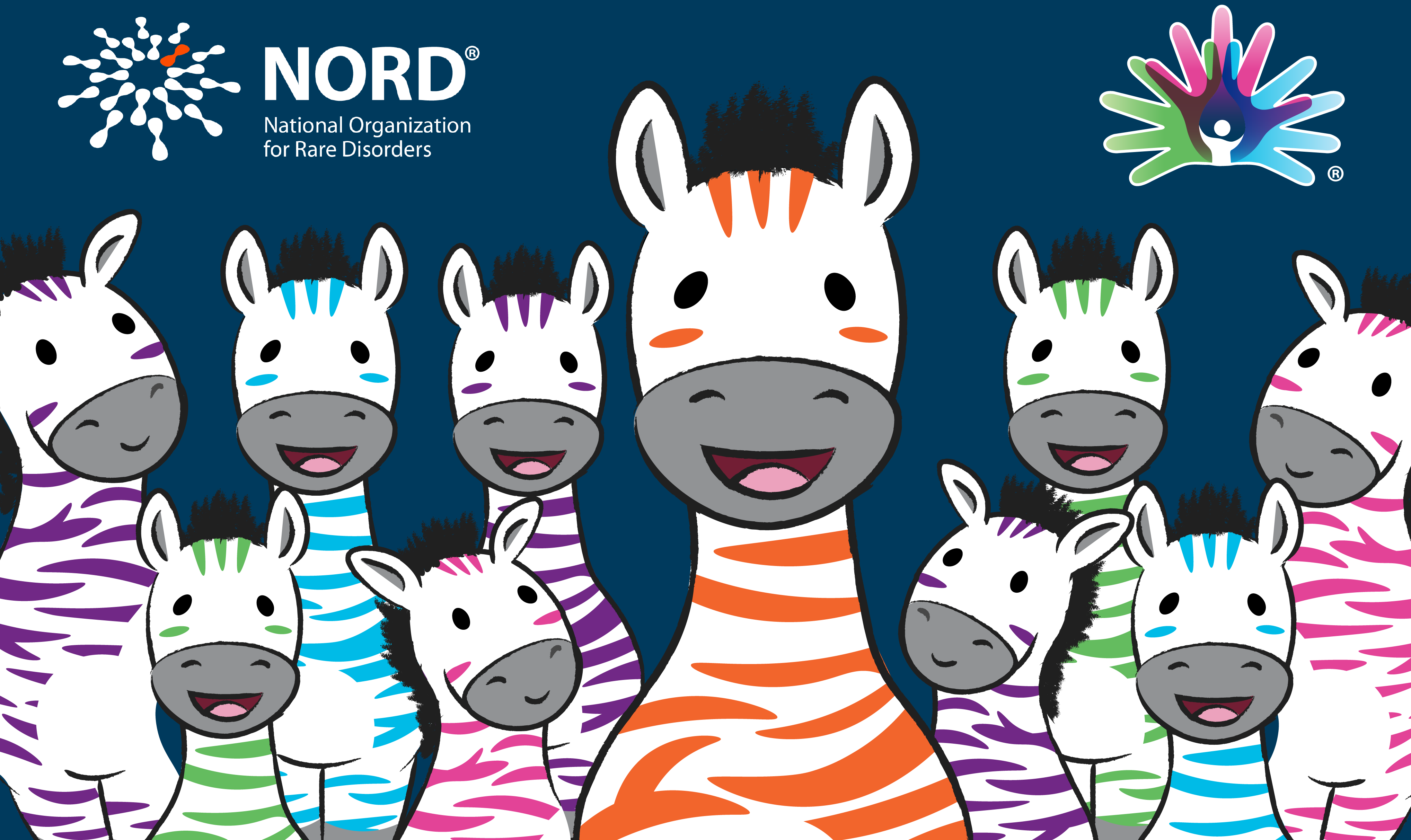 Zebras with different color stripes, logo NORD (National Organization for Rare Disorders)