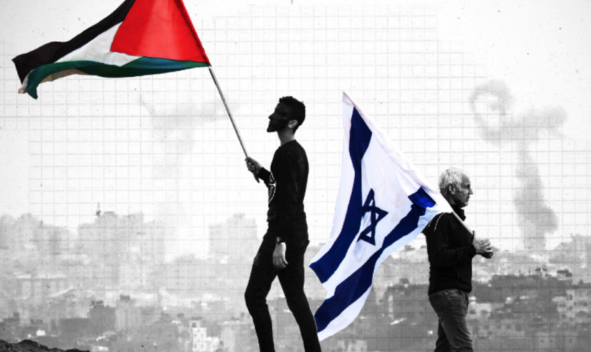 Illustration of two people, one holding the flag of Palestine and one holding the flag of Israel