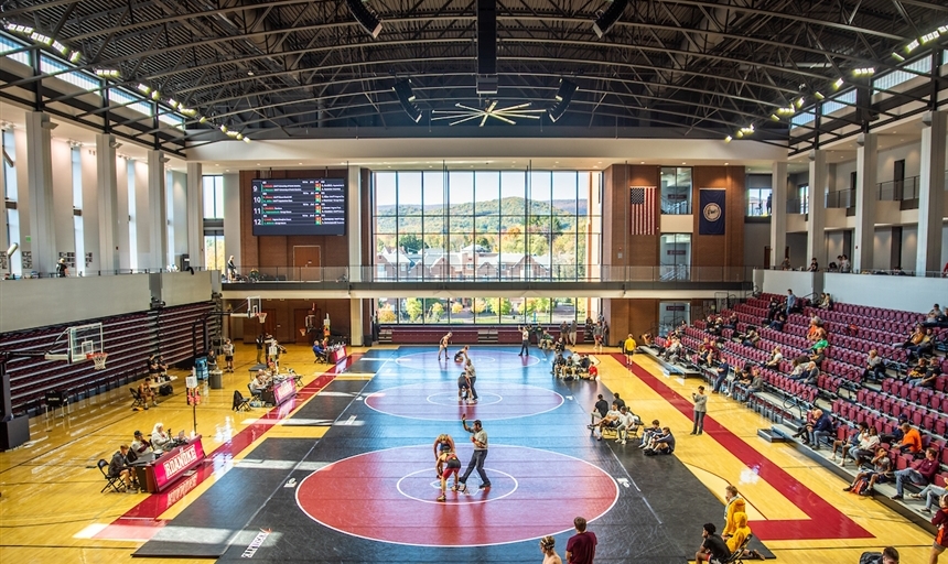 Overhead shot of Wrestling match in the Cregger Gym