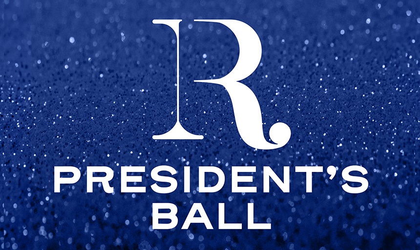 A card with a glittery blue background and text that reads: R President's Ball