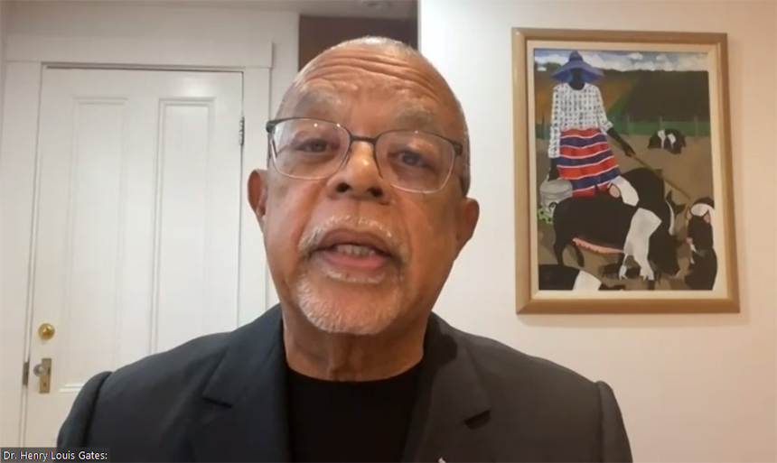 Man speaking on video call with Dr. Henry Louis Gates nametag