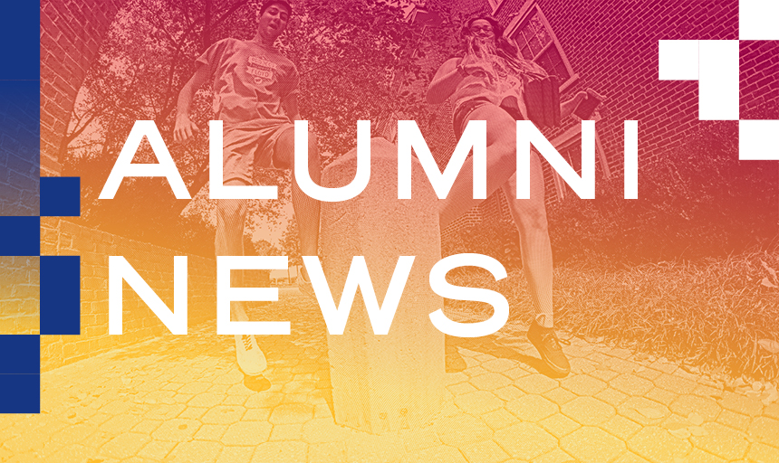 Graphic that says "Alumni News" in white font with yellow, orange and red graduating colors in the background
