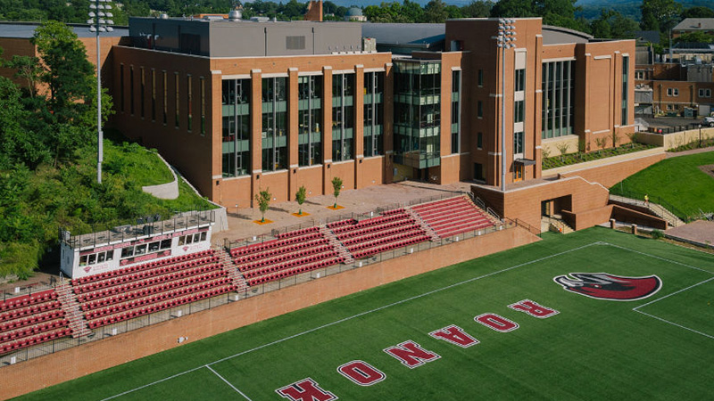 Aerial view of Cregger Center and athletic fields