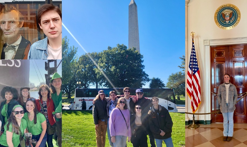 Collage of four photos featuring students at the Washington Monument, inside a government building smiling for a photo under the seal of the president, posing for a photo with a figure of Abraham Lincoln, and sightseeing at the waterfront in D.C.