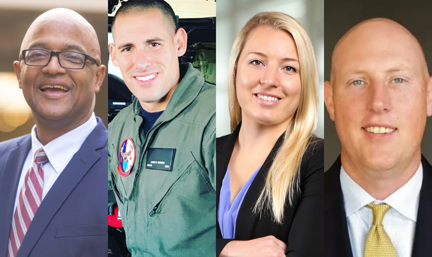 Four headshots lined up side-by-side: man in a dark suit, man in an Air Force flight uniform, woman in a black jacket and bald man in a white shirt with gold tie.